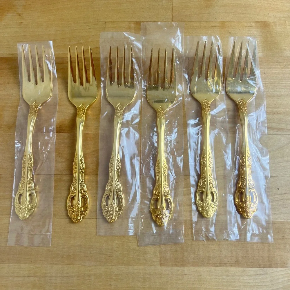 Olde Chelsea Silversmiths Set of 6 Vintage Gold Tone Korea Salad Forks Ornate‎